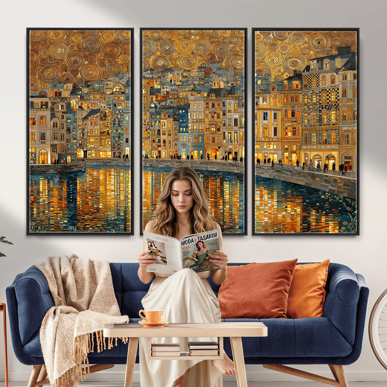 94022787-MGV-CV-36X24 - Gustav Klimt Golden Cityscape Wall Art Canvas Print, Framed River Town Landscape Artwork, Ornate Architecture Wall Decor for Living Room Bedroom Office