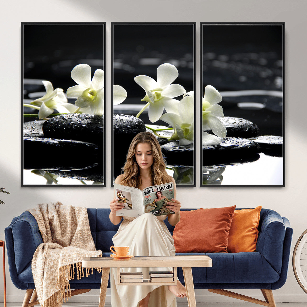 79486206-MGV-CV-36X24 - Plumeria Frangipani Black Stone Canvas | White Flower Spa Photography Print | Tropical Zen Wall Art | Grey Pebble Floral for Meditation Room Decor