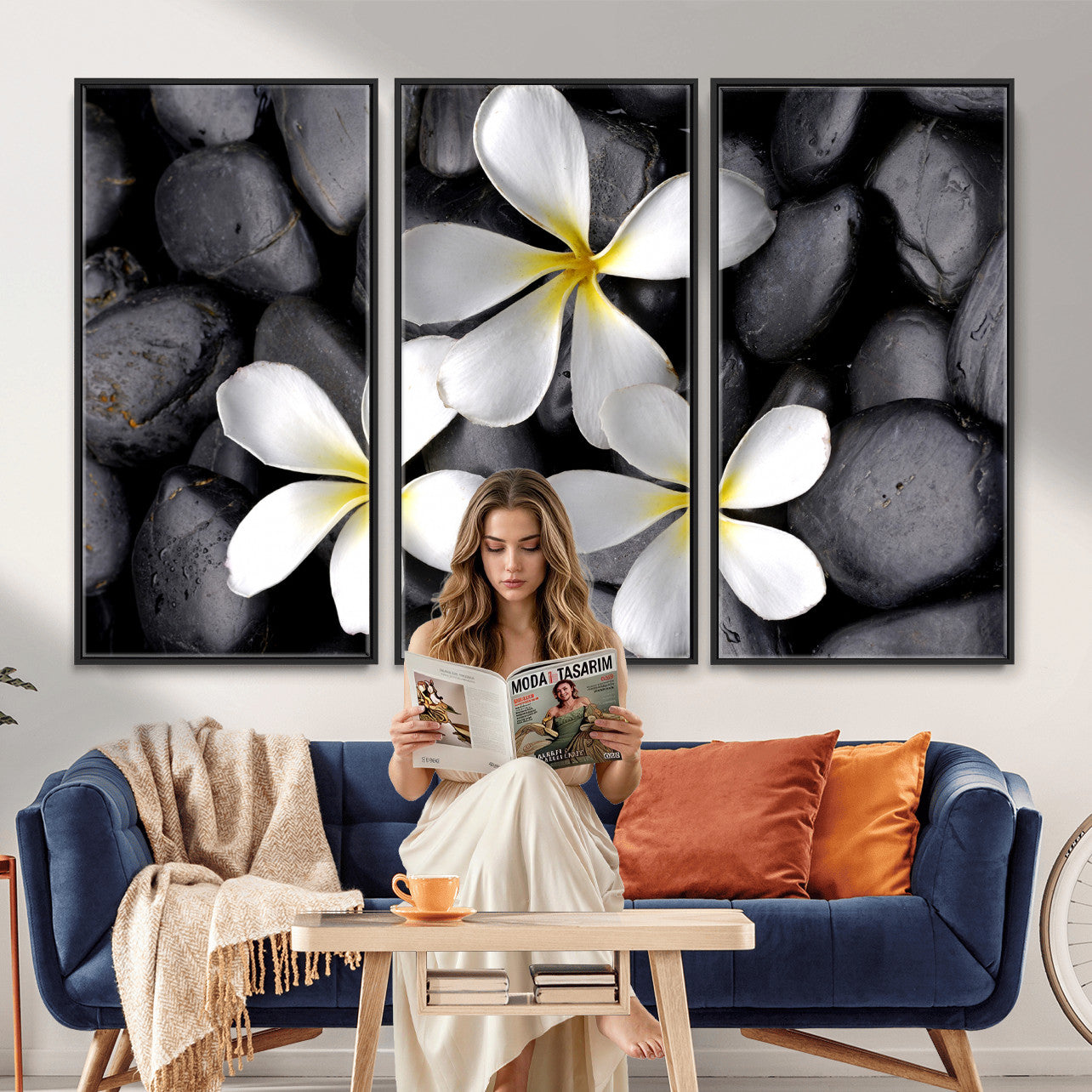 43639613-MGV-CV-36X24 - Plumeria Frangipani Black Stone Canvas | White Flower Spa Photography Print | Tropical Zen Wall Art | Grey Pebble Floral Decor