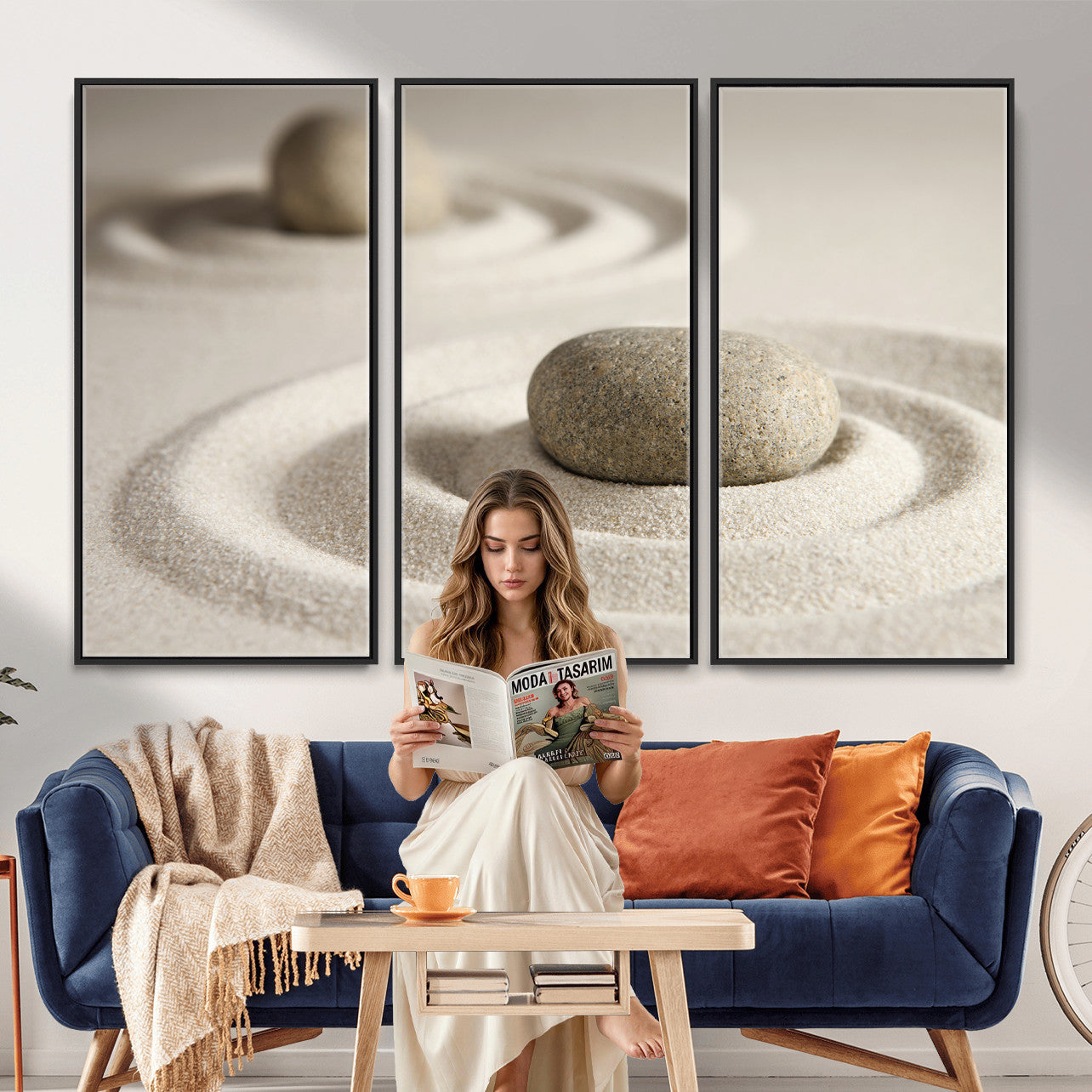 13397966-MGV-CV-36X24 - Zen Garden Stone Sand Canvas | Japanese Rock Garden Wall Art | Minimalist Meditation Print | Neutral Beige Mindfulness Decor