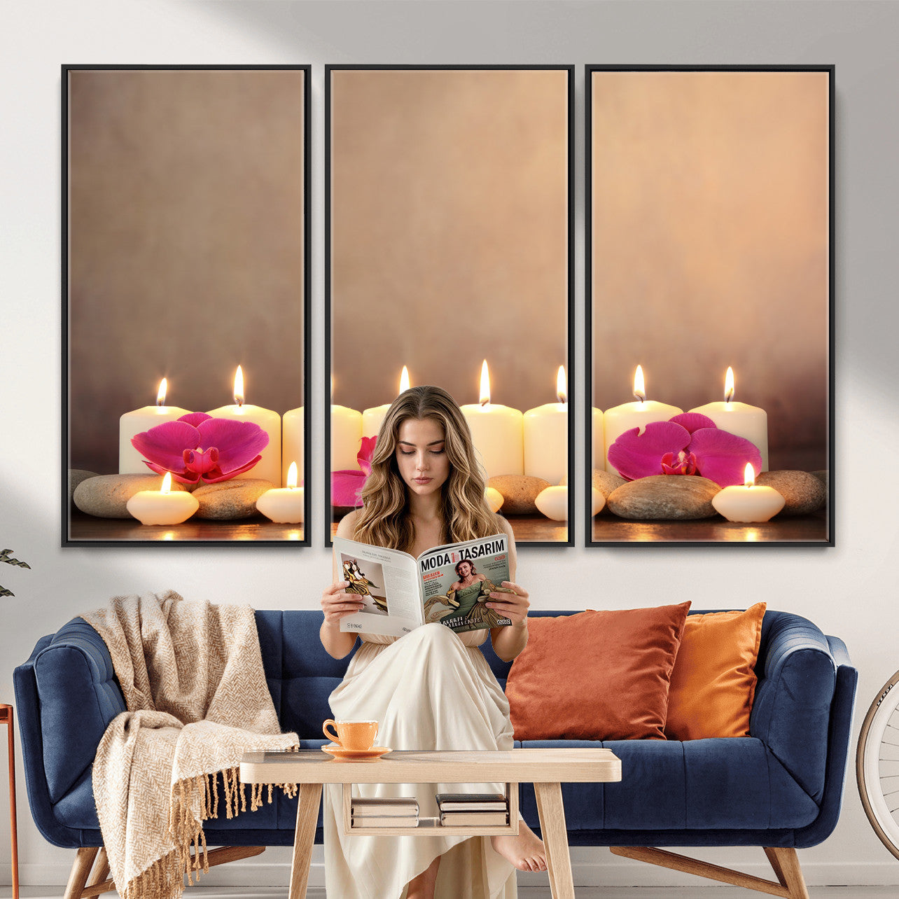 59470569-MGV-CV-36X24 - Spa Candles Orchid Canvas Print | Zen Wellness Relaxation Wall Art | Pink Flower Candlelight Bathroom Decor | Calm Beige Photography