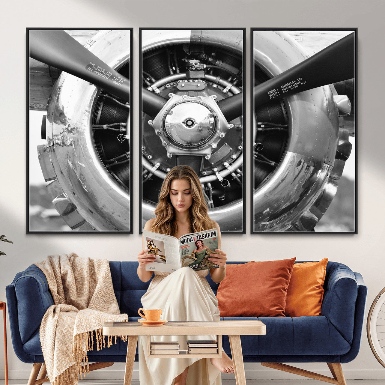 73322230-MGV-CV-36X24 - Vintage Propeller Plane Wall Art Canvas Print, Black and White Airplane Engine Close Up Framed Aviation Artwork for Pilot Office Hangar Decor