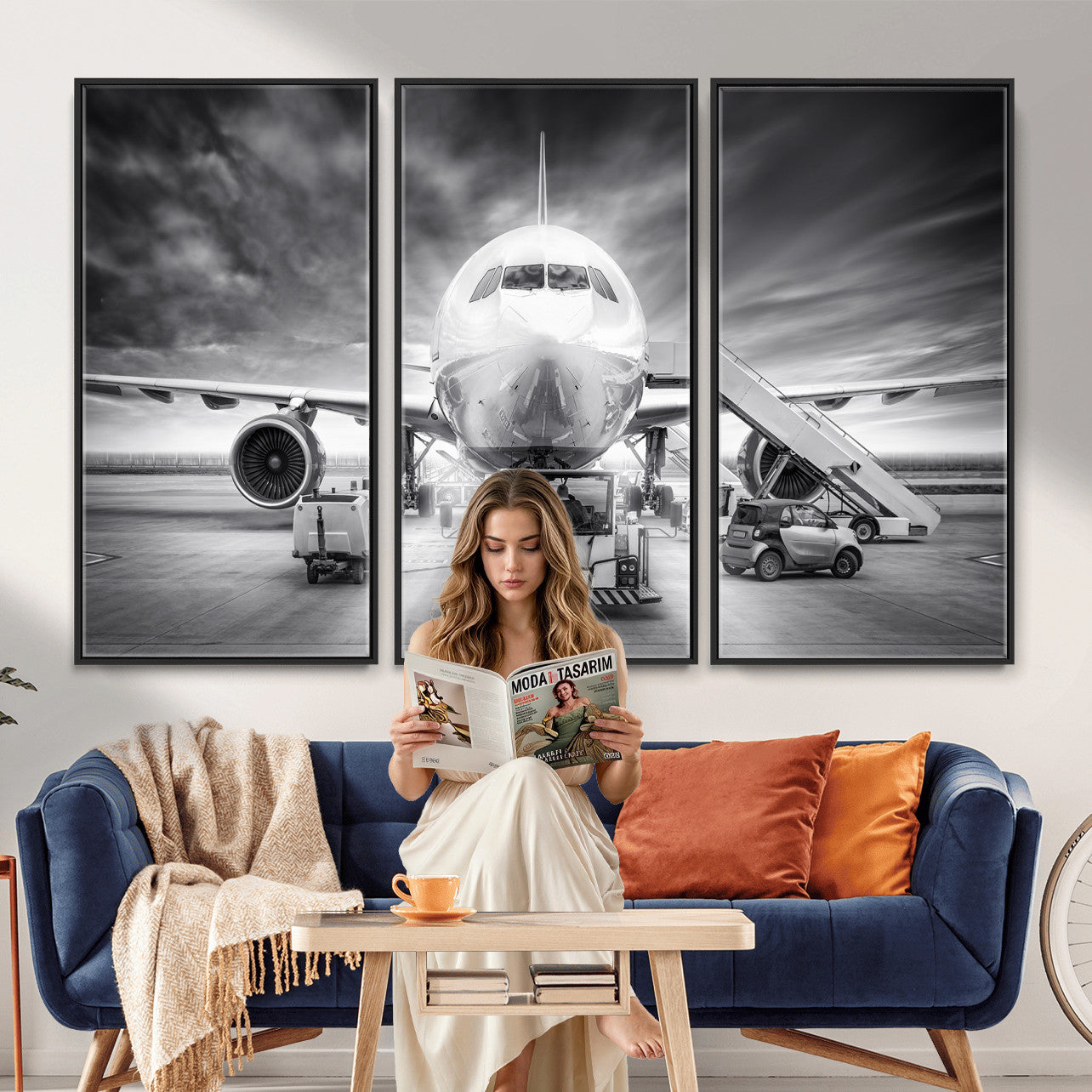 85885848-MGV-CV-36X24 - Airplane Wall Art Canvas Print, Black and White Jet Aircraft Airport Runway Framed Aviation Artwork for Pilot Office Hangar Travel Decor