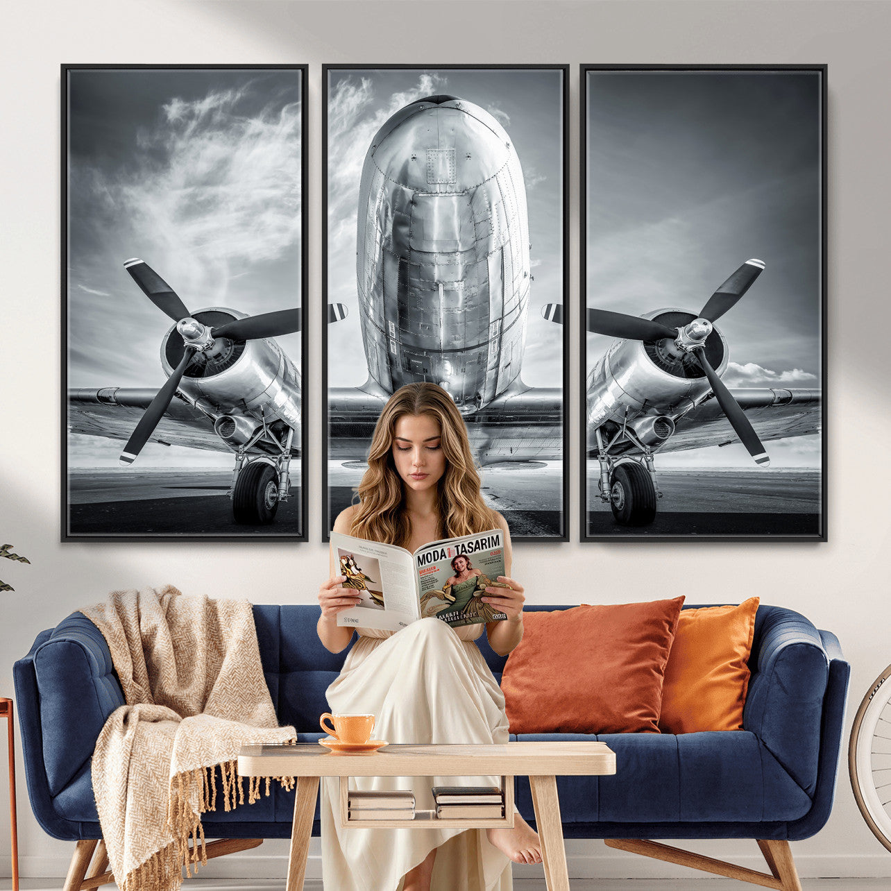 59729636-MGV-CV-36X24 - Vintage Propeller Plane Wall Art Canvas Print, Black and White Airplane Engine Close Up Framed Aviation Artwork for Pilot Office Hangar Decor