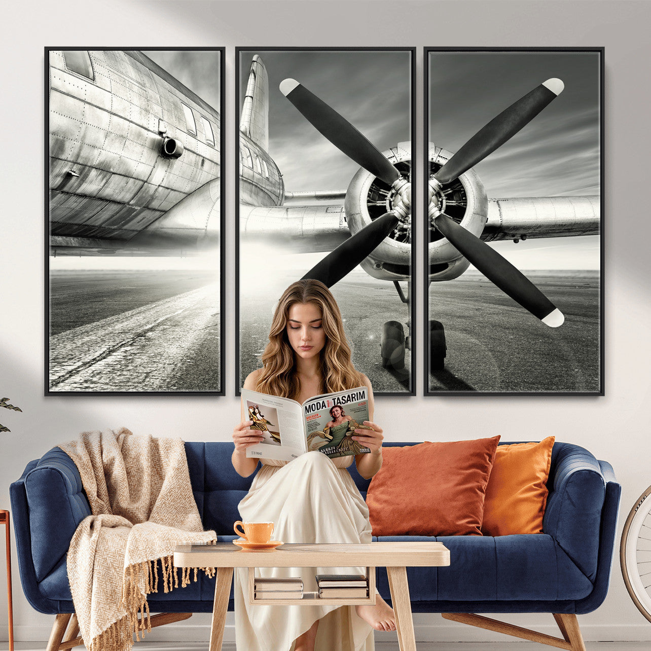 16420255-MGV-CV-36X24 - Vintage Airplane Wall Art Canvas Print, Black and White Propeller Aircraft Framed Aviation Artwork for Pilot Office Hangar Living Room Decor