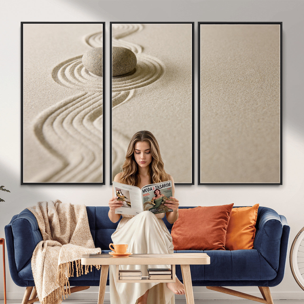 66852661-MGV-CV-36X24 - Zen Garden Stone Sand Canvas | Japanese Rock Garden Wall Art | Minimalist Meditation Print | Neutral Beige Mindfulness Decor