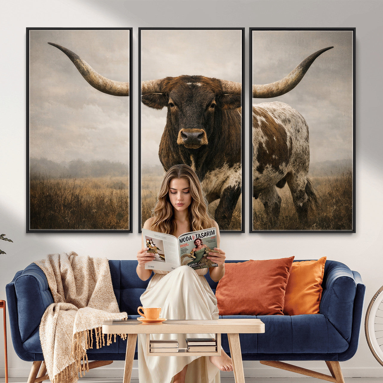 17622011L-MGV-CV-36X24 - Longhorn Bull Wall Art Canvas Print, Western Farmhouse Cowboy Decor, Rustic Texas Ranch Cattle Artwork for Living Room Bedroom Office, Framed Wall Decor