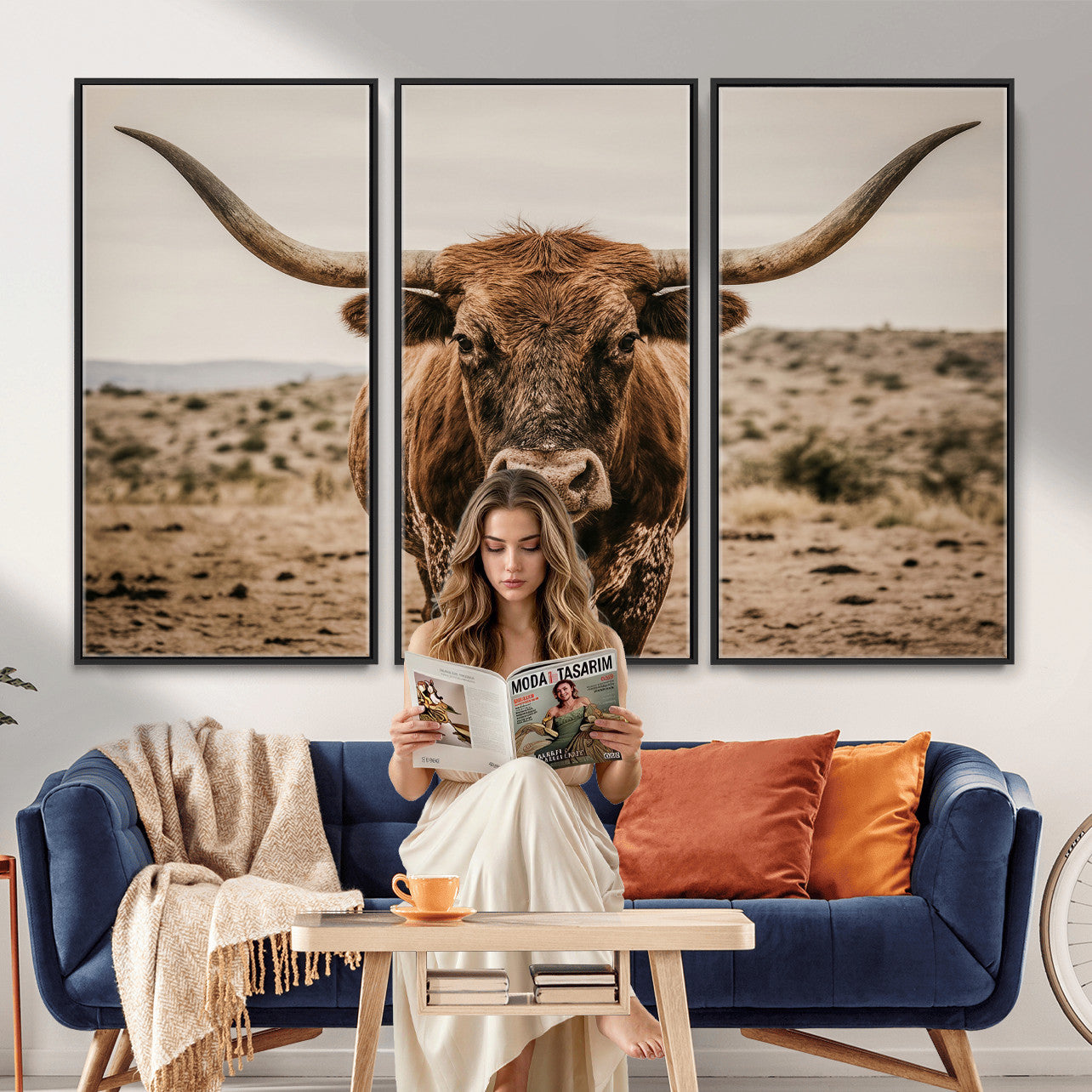 17622011K-MGV-CV-36X24 - Texas Longhorn Bull Wall Art Canvas Print, Western Farmhouse Cowboy Decor, Rustic Texas Ranch Cattle Artwork for Living Room Bedroom Office, Framed Wall Decor