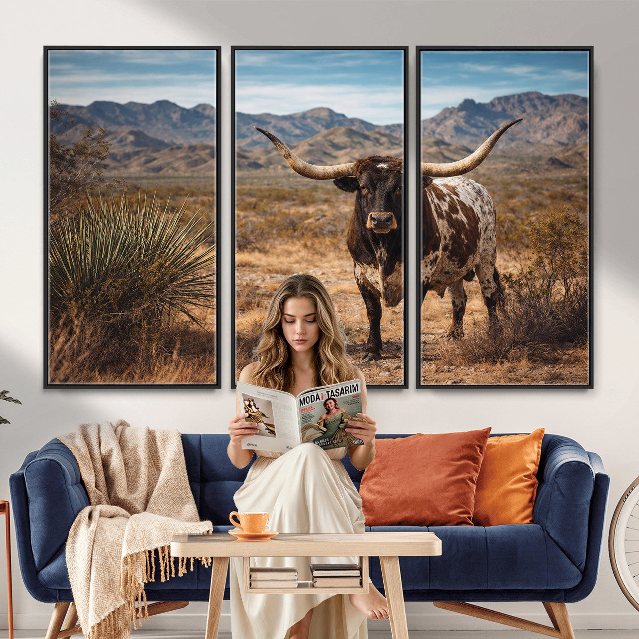 17622011S-MGV-CV-36X24 - Texas Longhorn Bull Wall Art Canvas Print, Western Farmhouse Cowboy Decor, Rustic Texas Ranch Cattle Artwork for Living Room Bedroom Office, Framed Wall Decor