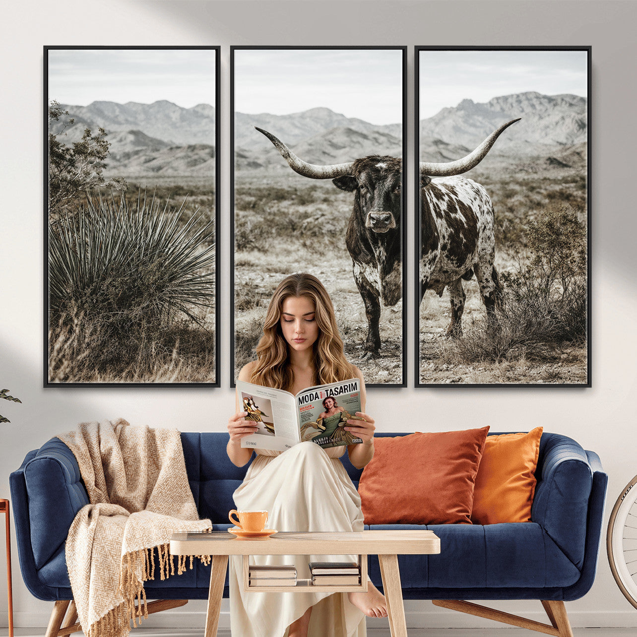 17622011H-MGV-CV-36X24 - Texas Longhorn Bull Wall Art Canvas Print, Western Farmhouse Cowboy Decor, Rustic Texas Ranch Cattle Artwork for Living Room Bedroom Office, Framed Wall Decor