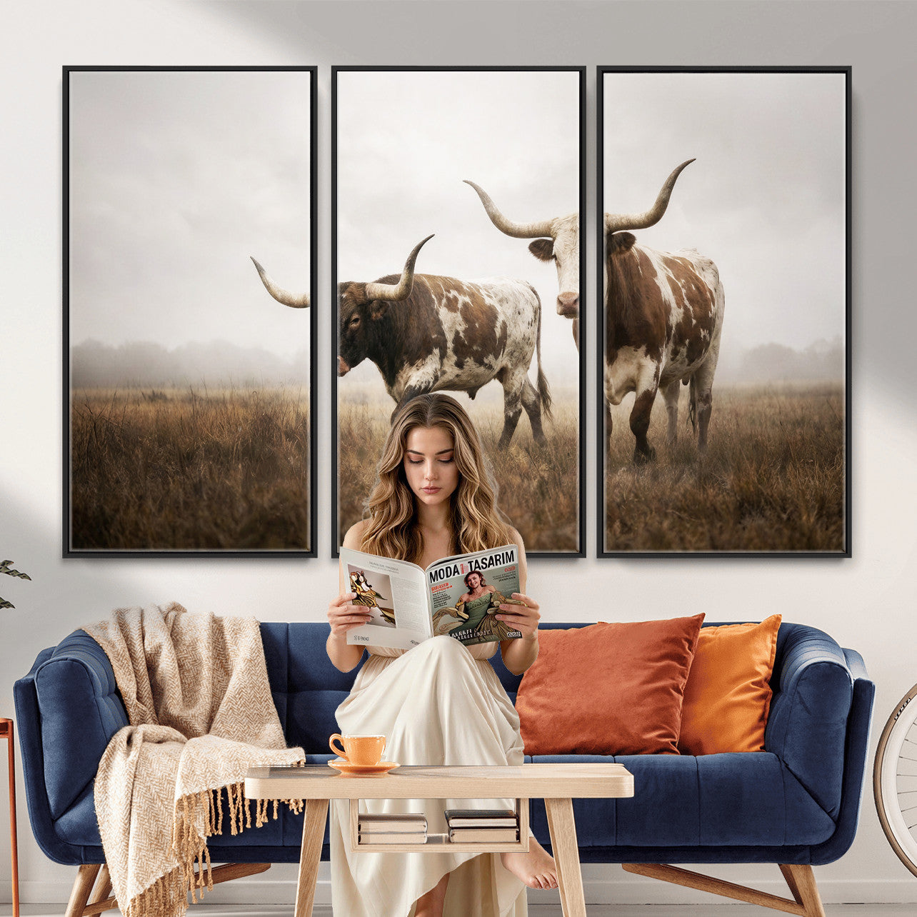 92881702-MGV-CV-36X24 - Texas Longhorn Canvas Wall Art Western Bull Desert Moody Grey Overcast Rustic Farmhouse Framed Large for Living Room Bedroom Office Decor
