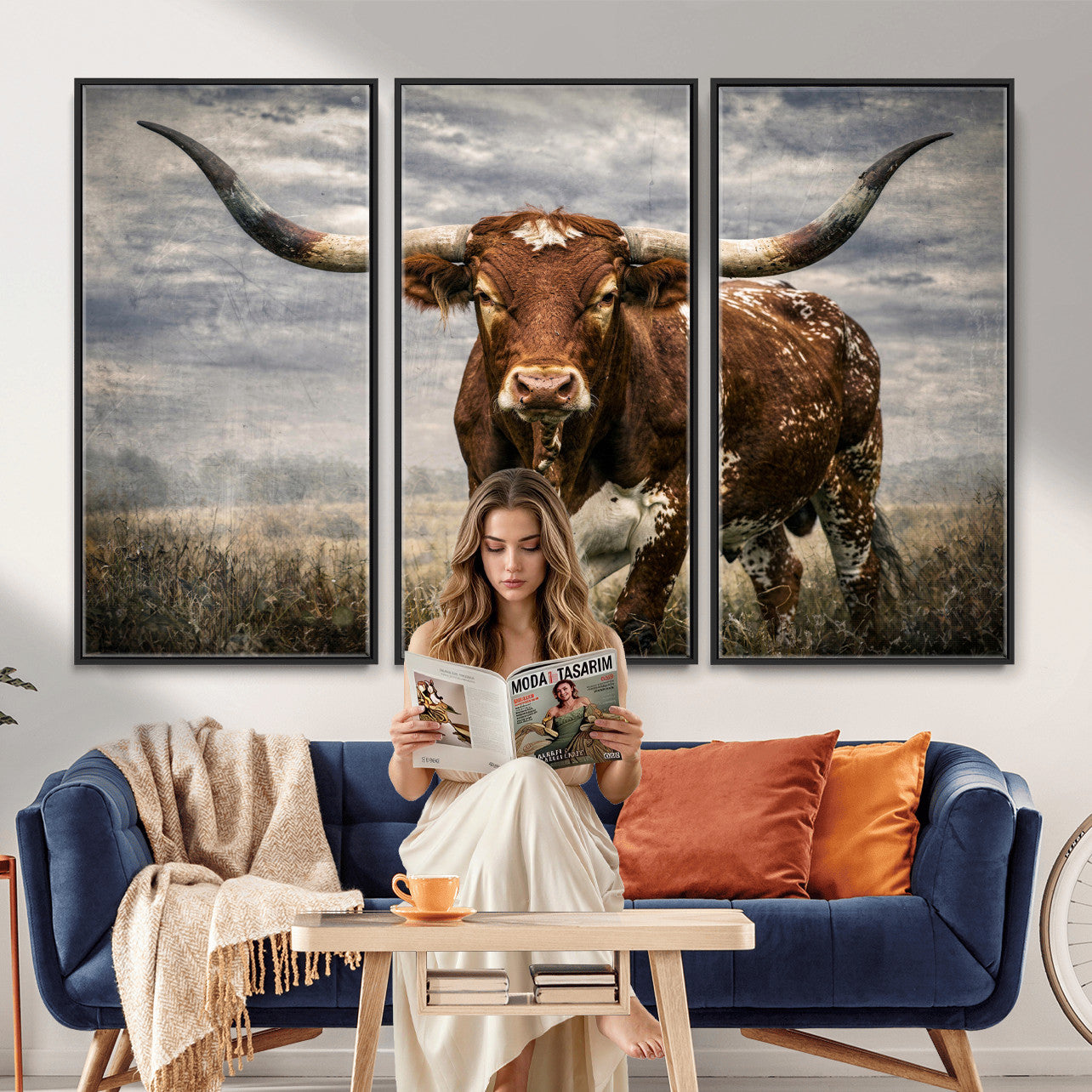 14372769-MGV-CV-36X24 - Texas Longhorn Canvas Wall Art Western Bull Desert Moody Grey Overcast Rustic Farmhouse Framed Large for Living Room Bedroom Office Decor