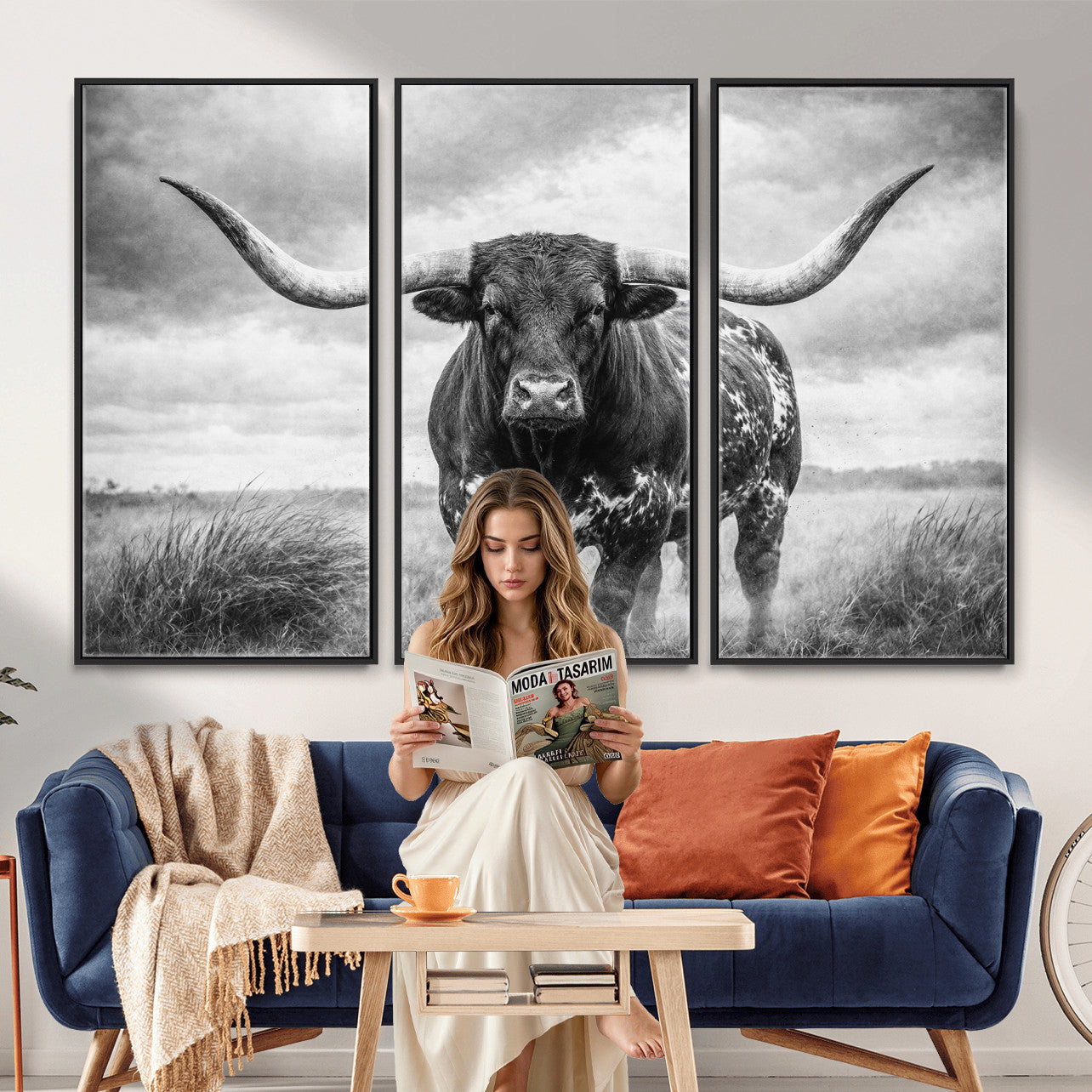 19951238-MGV-CV-36X24 - Texas Longhorn Canvas Wall Art Western Bull Desert Moody Grey Overcast Rustic Farmhouse Framed Large for Living Room Bedroom Office Decor