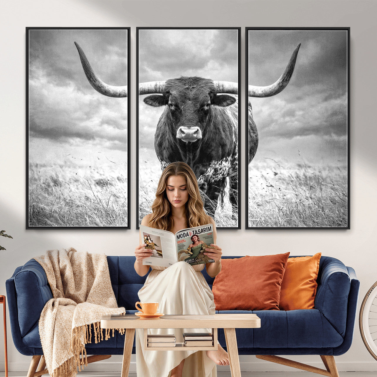 63336115-MGV-CV-36X24 - Texas Longhorn Canvas Wall Art Western Bull Desert Moody Grey Overcast Rustic Farmhouse Framed Large for Living Room Bedroom Office Decor