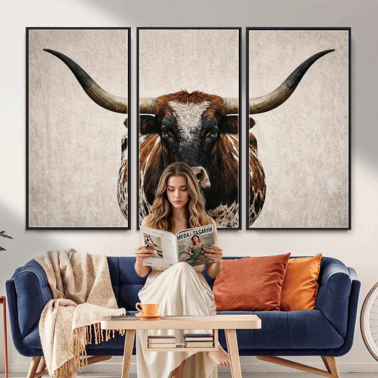 58622065-MGV-CV-36X24 - Texas Longhorn Canvas Wall Art Western Bull Desert Moody Grey Overcast Rustic Farmhouse Framed Large for Living Room Bedroom Office Decor