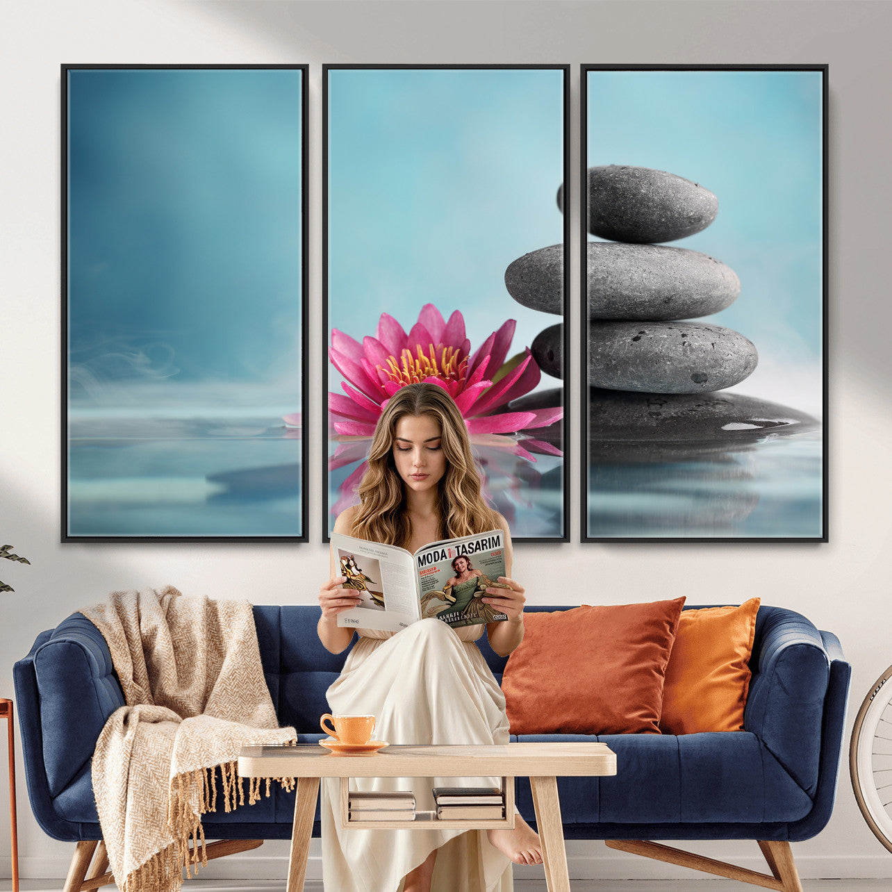 84293154-MGV-CV-36X24 - Zen Canvas Wall Art Lotus Flower Stacked Stones Teal Spa Meditation Relaxation Framed Large for Bathroom Bedroom Living Room Office Decor