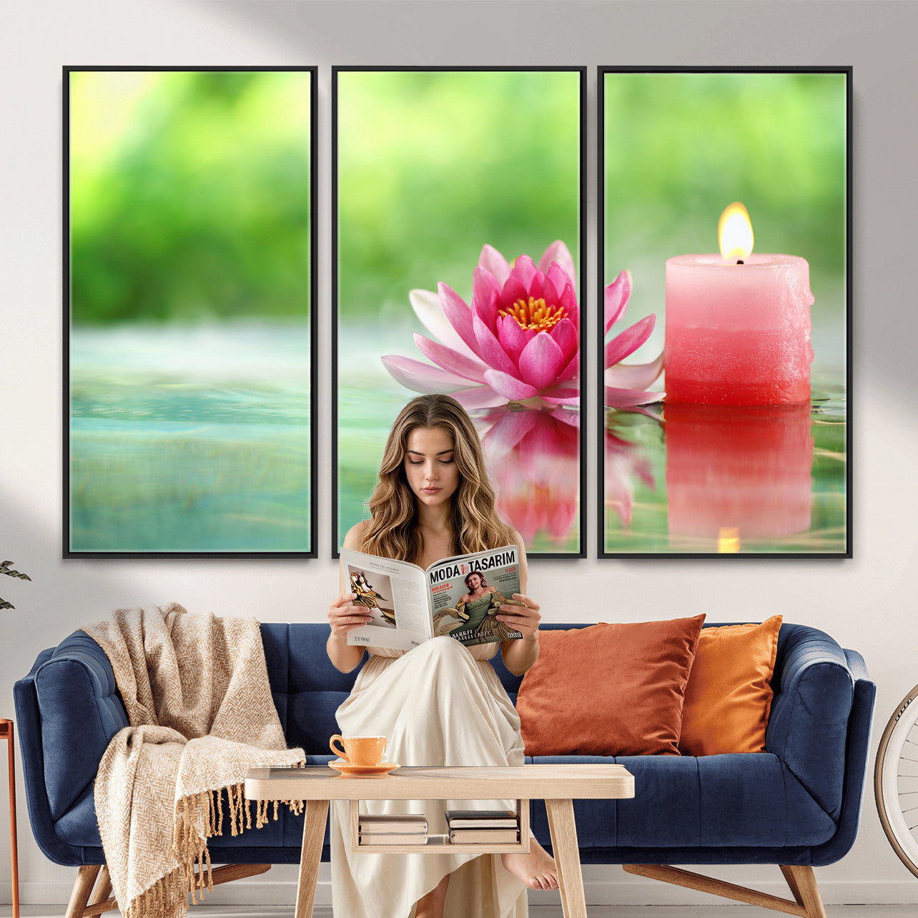 17661715-MGV-CV-36X24 - Zen Lotus Candle Canvas Wall Art Pink Spa Meditation Relaxation Green Bokeh Framed Large for Bathroom Bedroom Living Room Office Decor