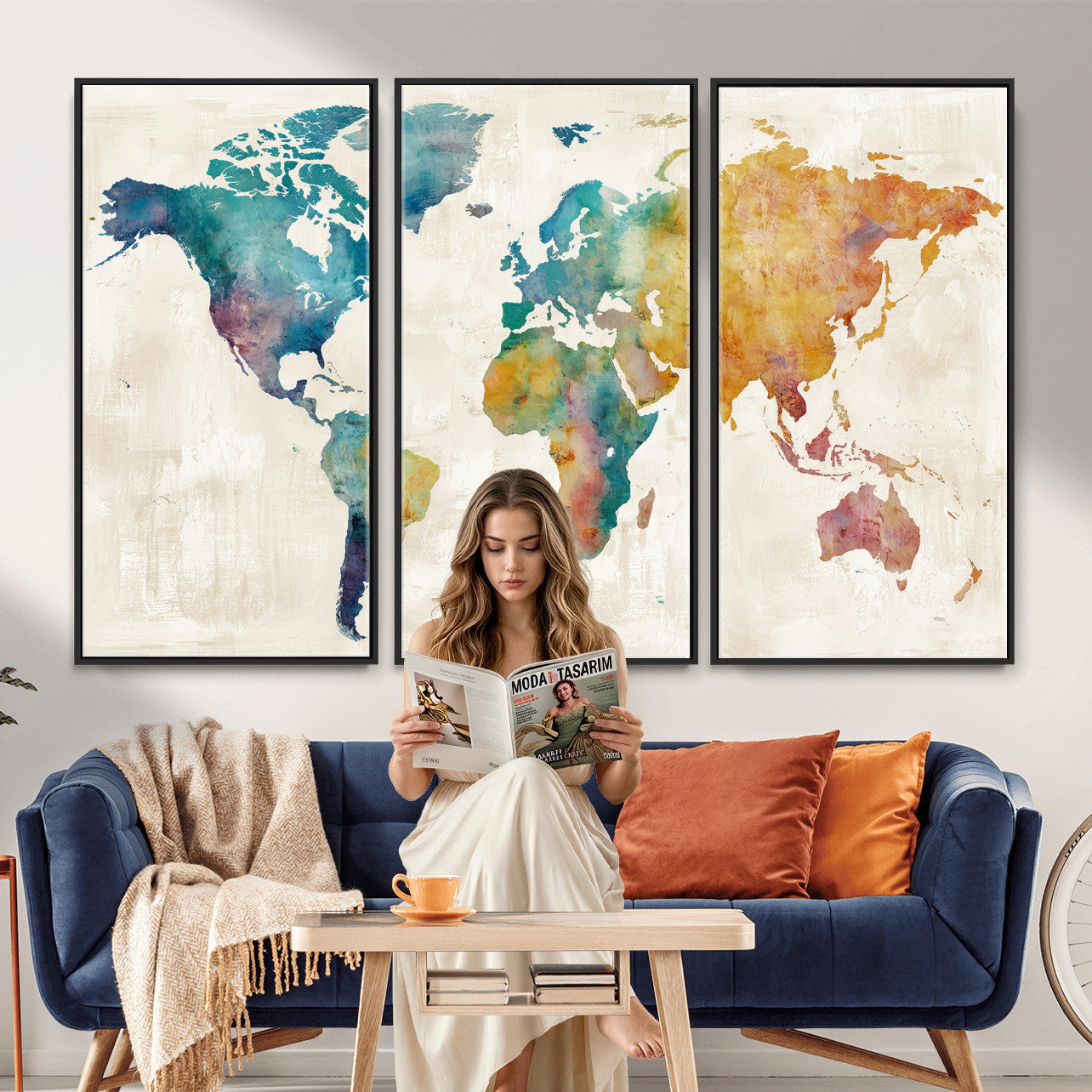 56556018-MGV-CV-36X24 - Watercolor World Map Canvas Wall Art Print – Abstract Colorful Travel Wall Decor
