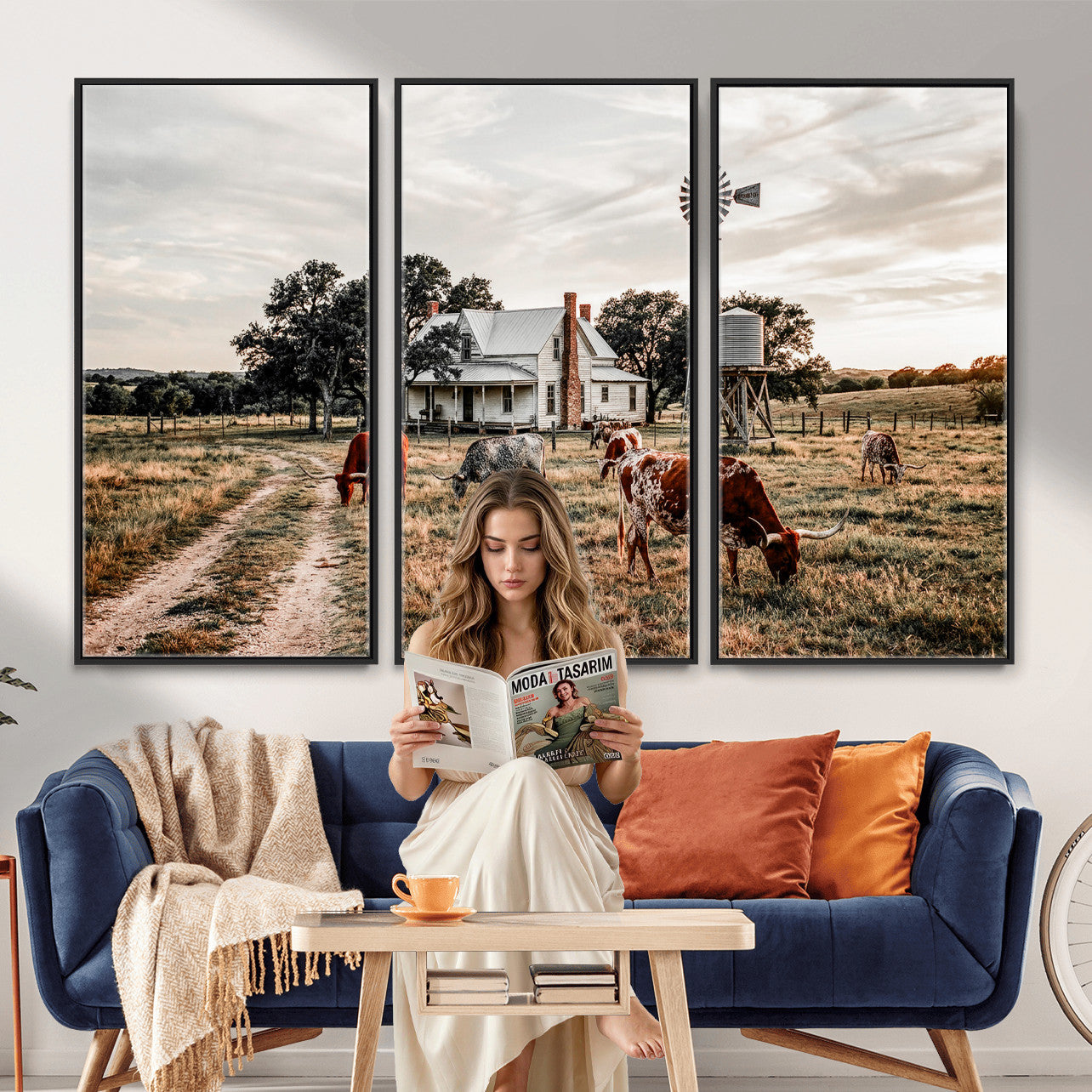 92429425-MGV-CV-36X24 - Texas Longhorn Ranch Wall Art Canvas Print, Rustic Western Farmhouse Decor, Country Landscape Canvas Wall Art, Vintage Cowboy Ranch Picture