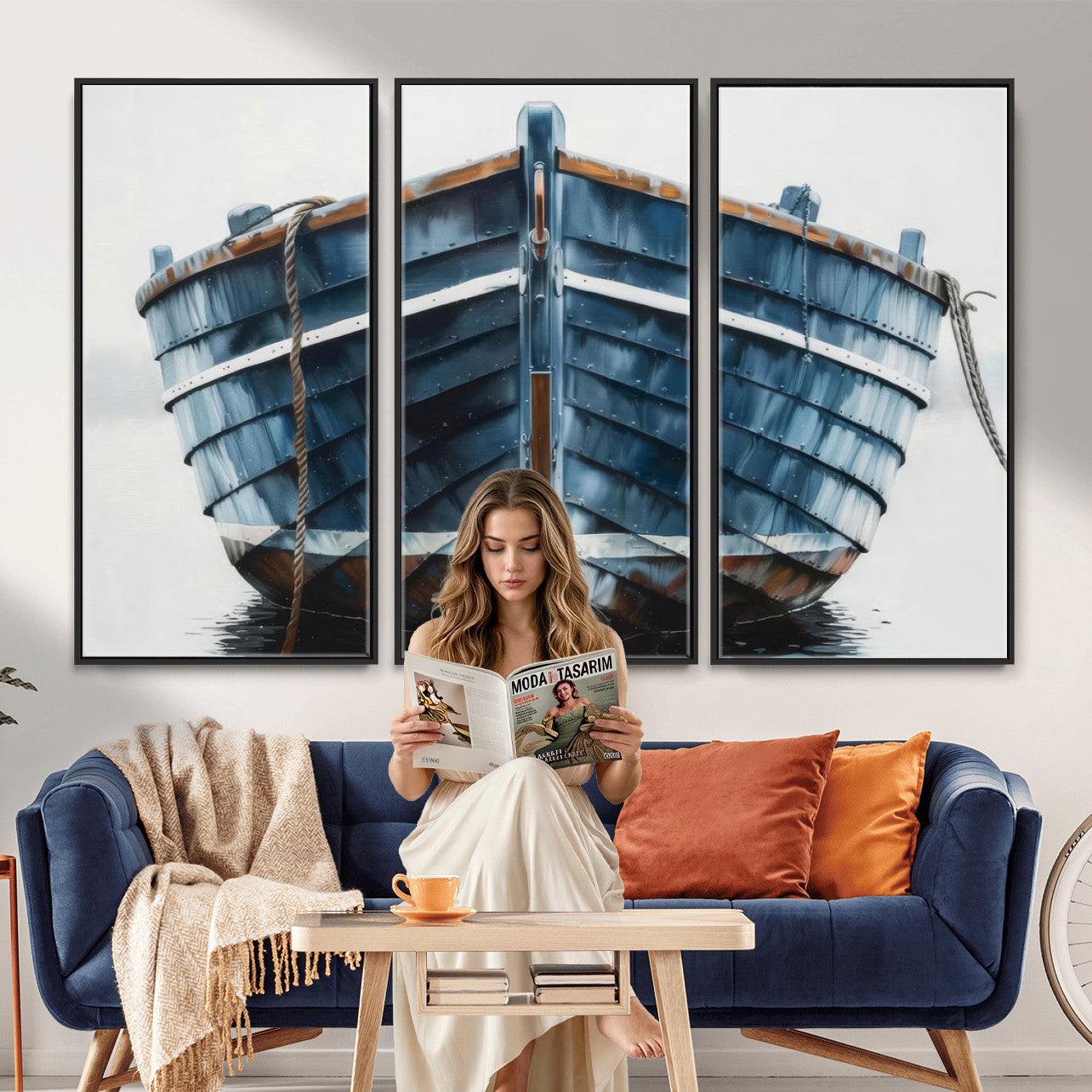 21601740-MGV-CV-36X24 - Blue Wooden Rowboat Canvas Wall Art, Coastal Nautical Boat Painting Print for Lake Beach House Decor, Minimalist Maritime Decor Artwork