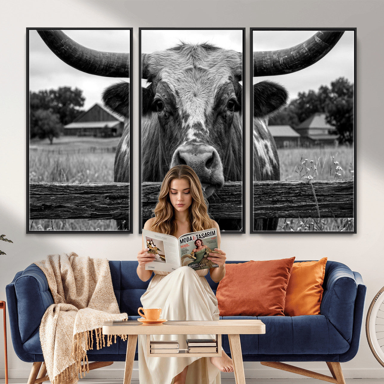 59378683B-MGV-CV-36X24 - Black White Texas Longhorn Bull Canvas Wall Art, Western Ranch Cattle Photography Print, Rustic Farmhouse Cowboy Decor Artwork