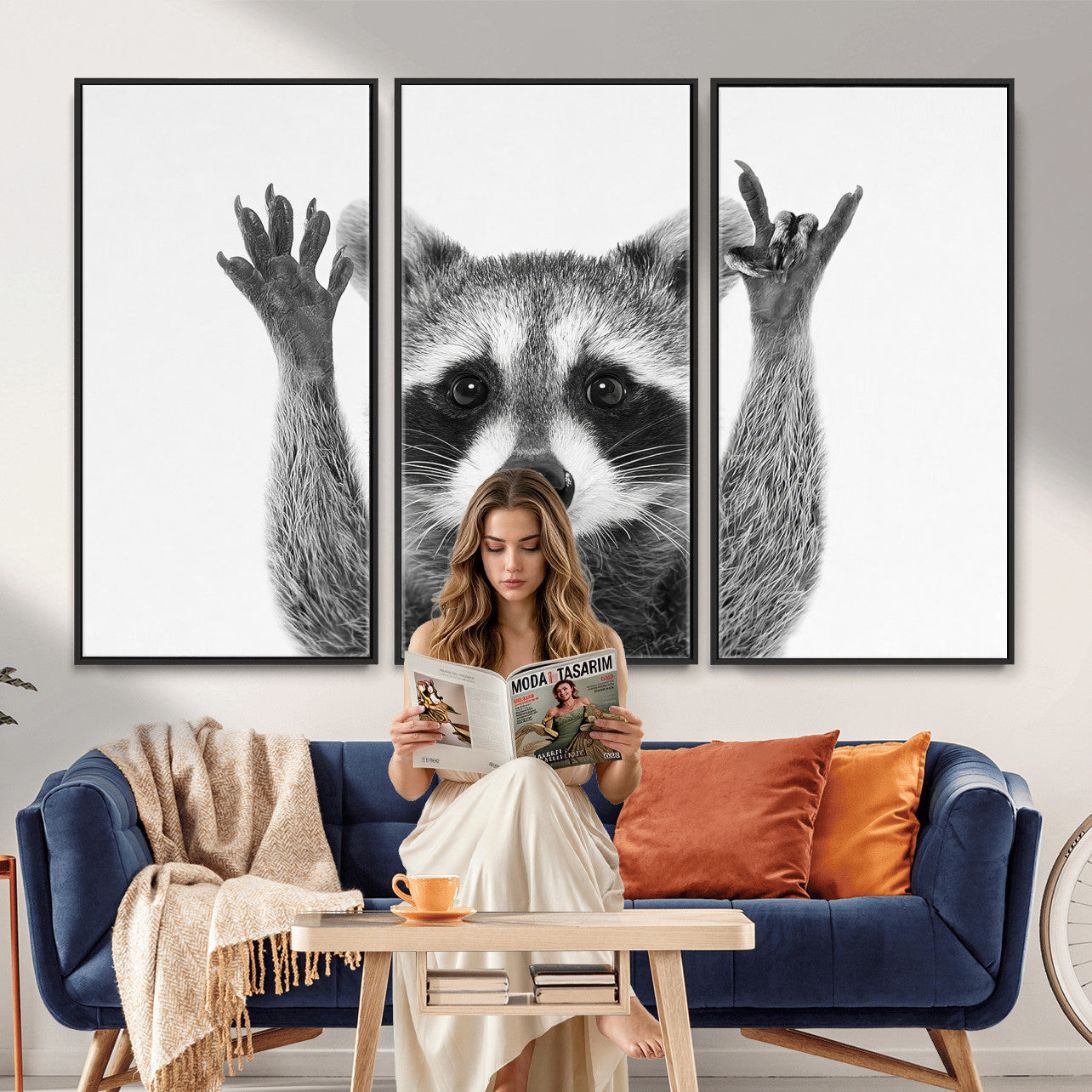 82392228-MGV-CV-36X24 - Funny Raccoon Canvas Wall Art, Black White Hands Up Animal Photo Print, Humorous Wildlife Decor, Kids Room Nursery Art, Quirky Animal Gift