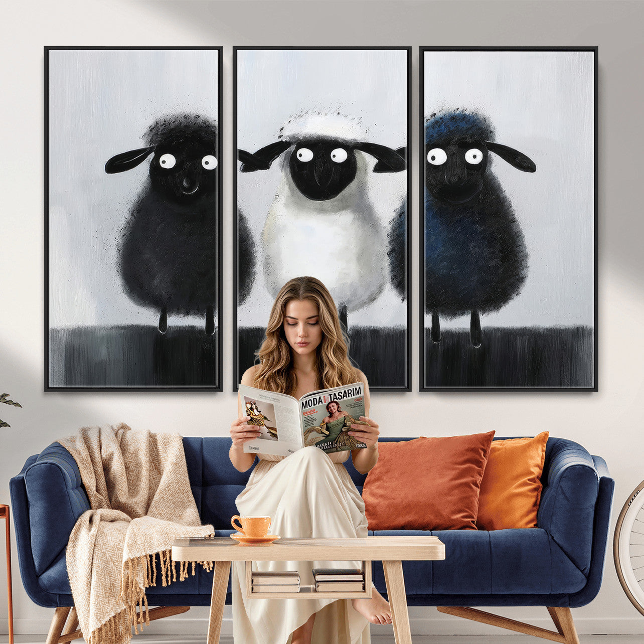 45650028-MGV-CV-36X24 - Funny Sheep Canvas Wall Art, Three Quirky Sheep Painting Print, Cute Animal Nursery Decor, Black White Navy Farmhouse Art, Kids Room Gift