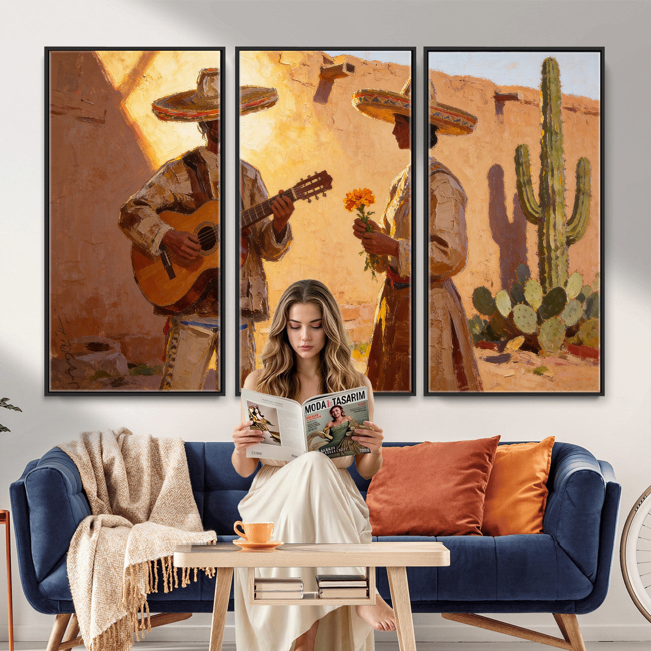 41849005-MGV-CV-36X24 - Mexican Couple Canvas Wall Art, Romantic Serenade Guitar Painting Print, Southwestern Desert Adobe Decor, Warm Golden Folk Art, Living Room Art