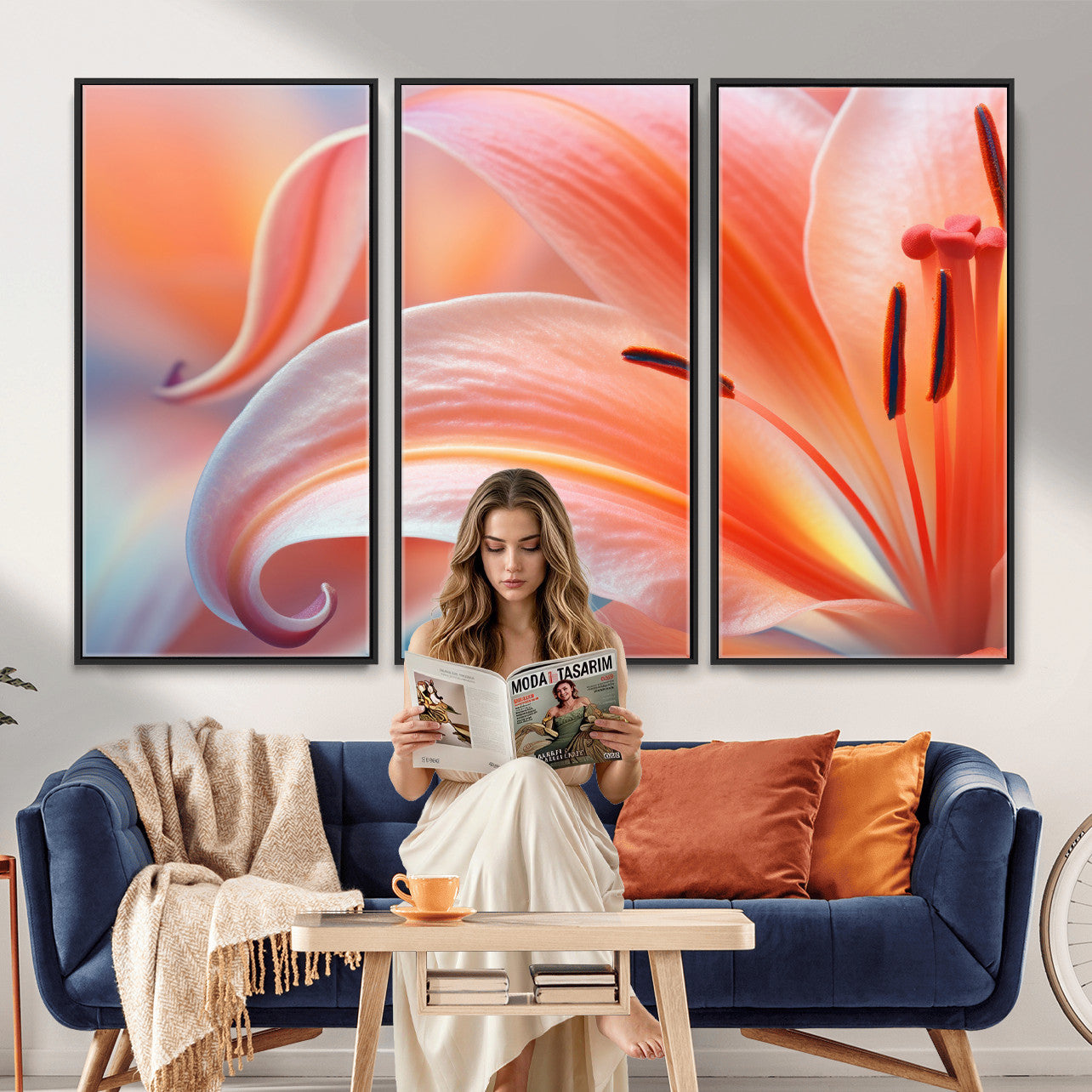 69566231-MGV-CV-36X24 - Peach Lily Canvas Wall Art, Coral Pink Flower Macro Photo Print, Botanical Bedroom Decor, Soft Floral Photography, Living Room Wall Art