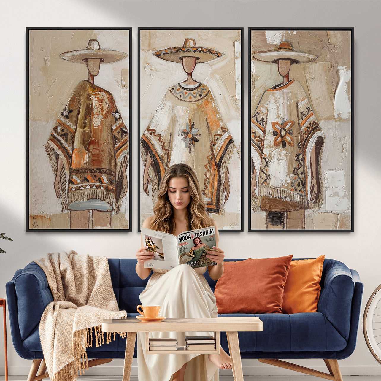 85373290-MGV-CV-36X24 - Mexican Folk Art Canvas Wall Art, Charro Poncho Sombrero Painting Print, Neutral Beige Boho Decor, Southwestern Impasto Style, Living Room Art
