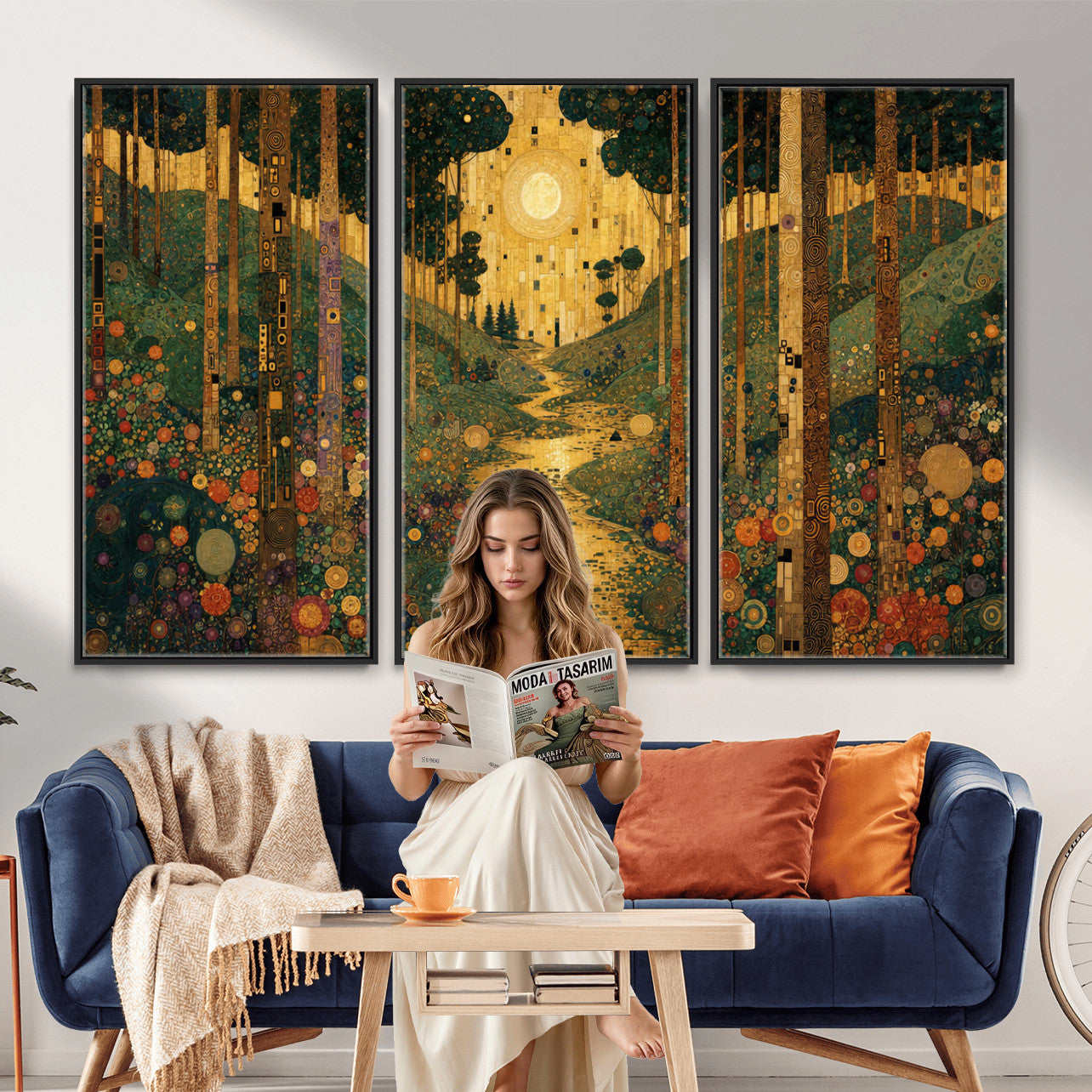 79483321GS-MGV-CV-48X32-3P - Gustav Klimt Style Forest Canvas Wall Art, Golden Forest Path Floral Art Nouveau Print, Enchanted Woodland Decor