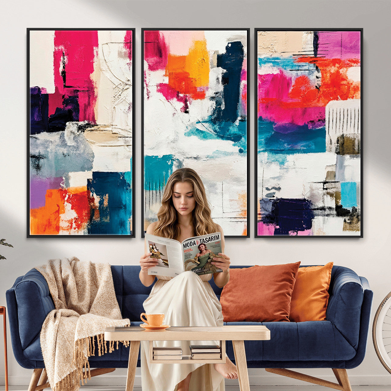 57864023-MGV-CV-36X24 - Blue Teal Abstract Canvas Wall Art | Modern Textured Painting Print, Navy Orange White Contemporary Art, Neutral Living Room Decor, Office Art