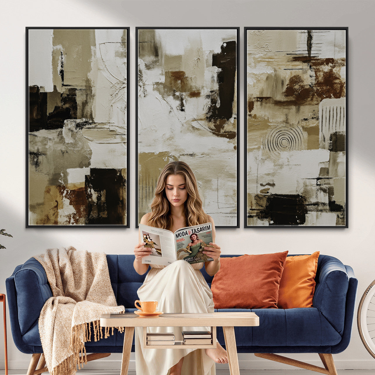26560159-MGV-CV-36X24 - Blue Teal Abstract Canvas Wall Art, Modern Textured Painting Print, Navy Orange White Contemporary Art, Neutral Living Room Decor, Office Art