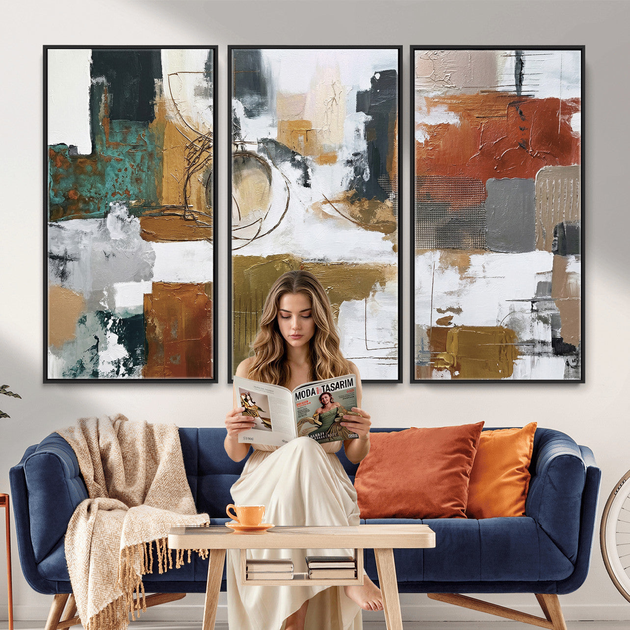 50720312-MGV-CV-36X24 - Blue Teal Abstract Canvas Wall Art, Modern Textured Painting Print, Navy Orange White Contemporary Art, Neutral Living Room Decor, Office Art