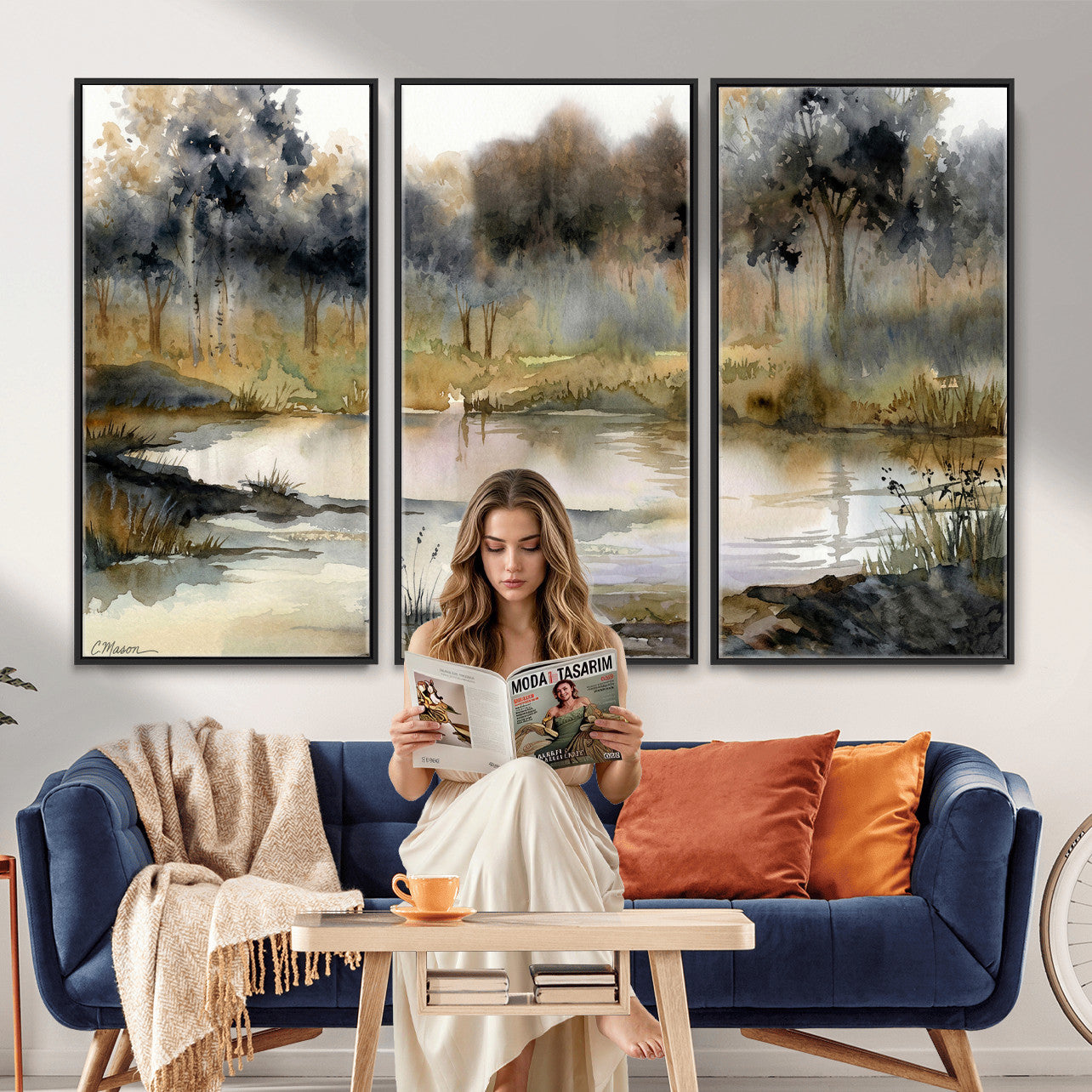 27383609-MGV-CV-36X24 - Abstract Watercolor Autumn Lake Canvas Wall Art Print - Misty Forest Landscape, Rustic Nature Painting, Cabin Wall Decor - Ready to Hang