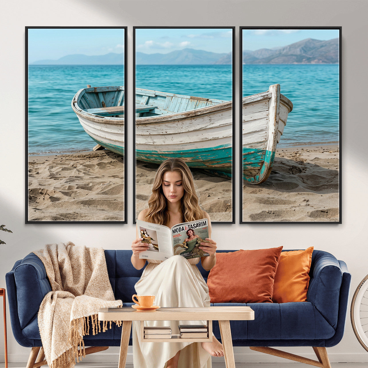 49963709-MGV-CV-36X24 - Coastal Boat Canvas Wall Art Print, Beach Boat Painting, Nautical Ocean Decor, Seascape Wall Art, Ready to Hang