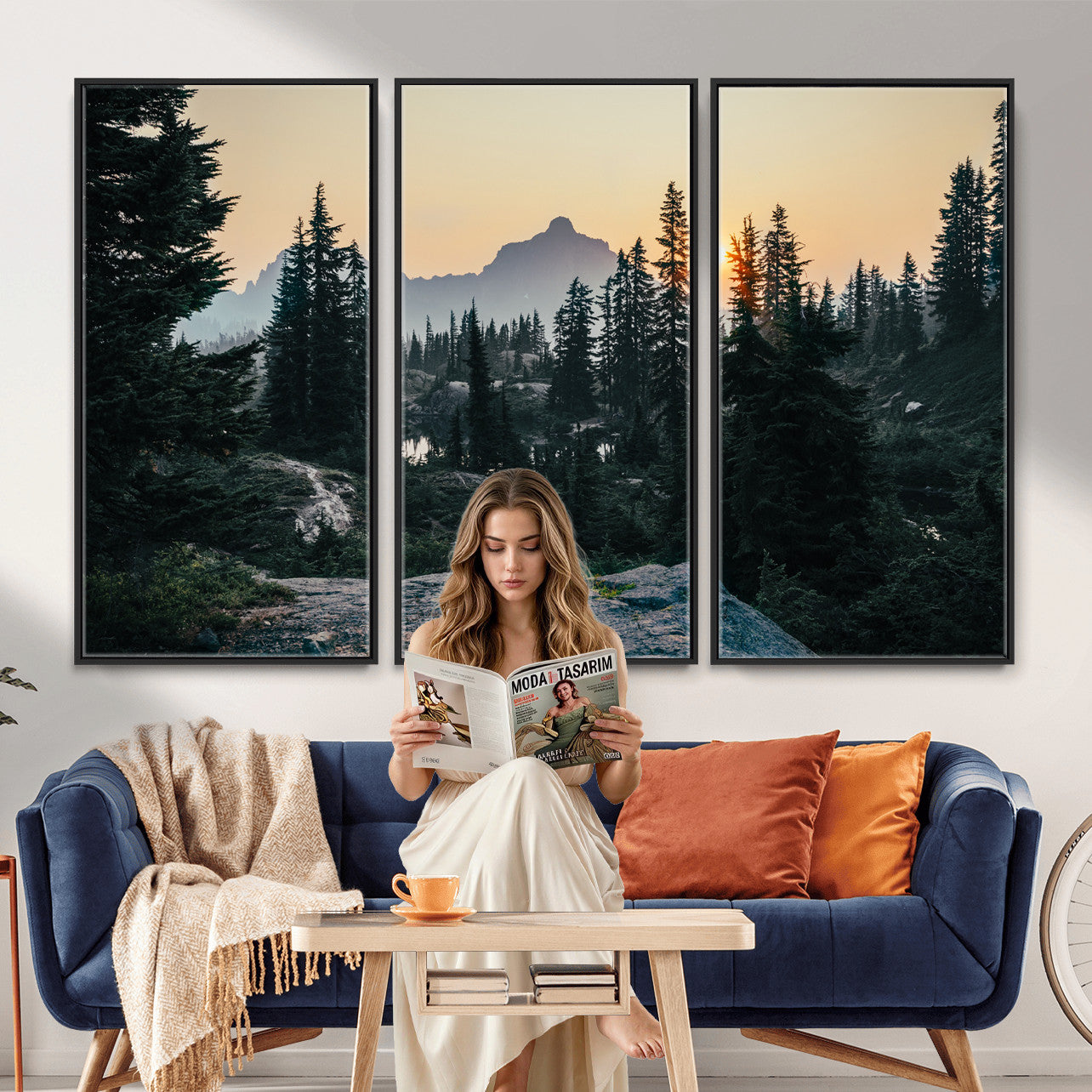 89996020-MGV-CV-36X24 - Mountain Forest Canvas Wall Art Print, Pine Tree Landscape, Sunset Nature Photography, Wilderness Wall Decor, Ready to Hang