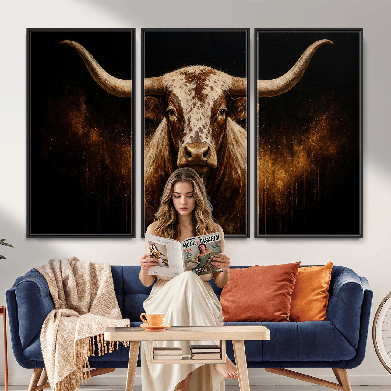 62076449-MGV-CV-48X32-3P - Texas Bull Cow Longhorn Canvas Wall Art Moody Western Bull Oil Painting Print