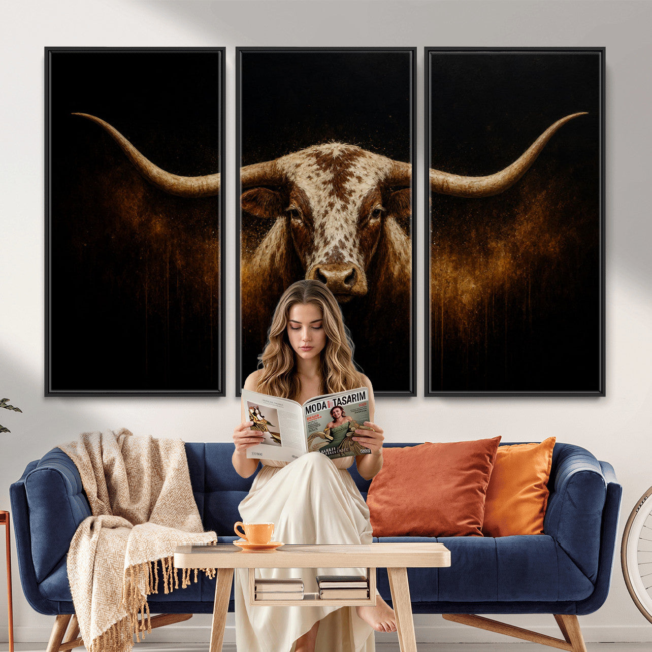 12628958-MGV-CV-36X24 - Texas Longhorn Canvas Wall Art Moody Western Bull Oil Painting Print