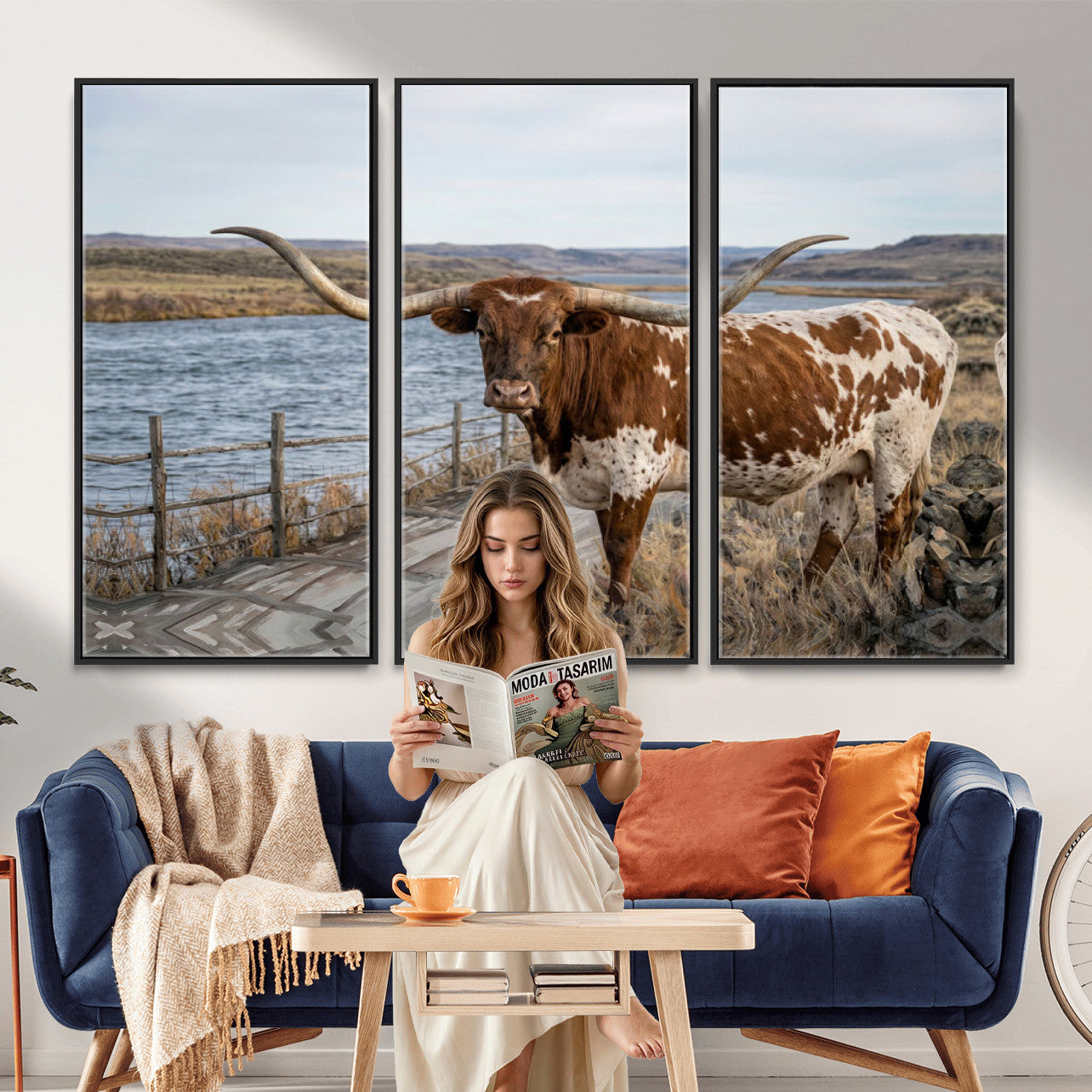 91575949-MGV-CV-36X24 - Texas Longhorn Cattle in Desert Pasture Wall Art Canvas Print - Rustic Western Decor