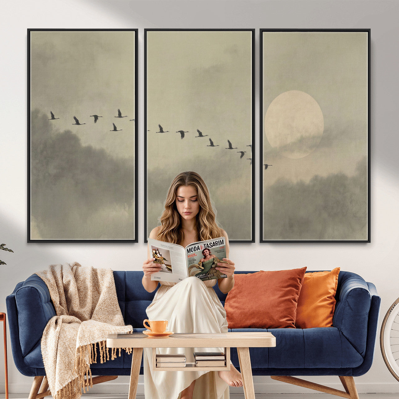 12098149-MGV-CV-36X24 - Flock of Birds Flying to Full Moon Wall Art Canvas Print - Vintage Surreal Clouds Painting
