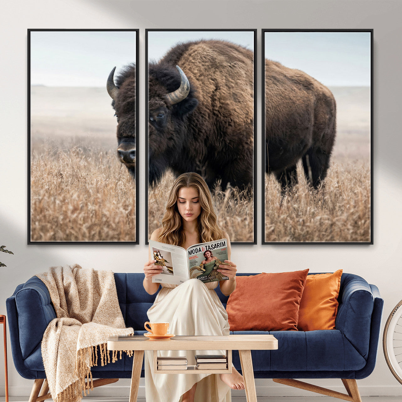 81029583-MGV-CV-36X24 - American Bison in Prairie Field Wall Art Canvas Print - Rustic Wildlife Photography