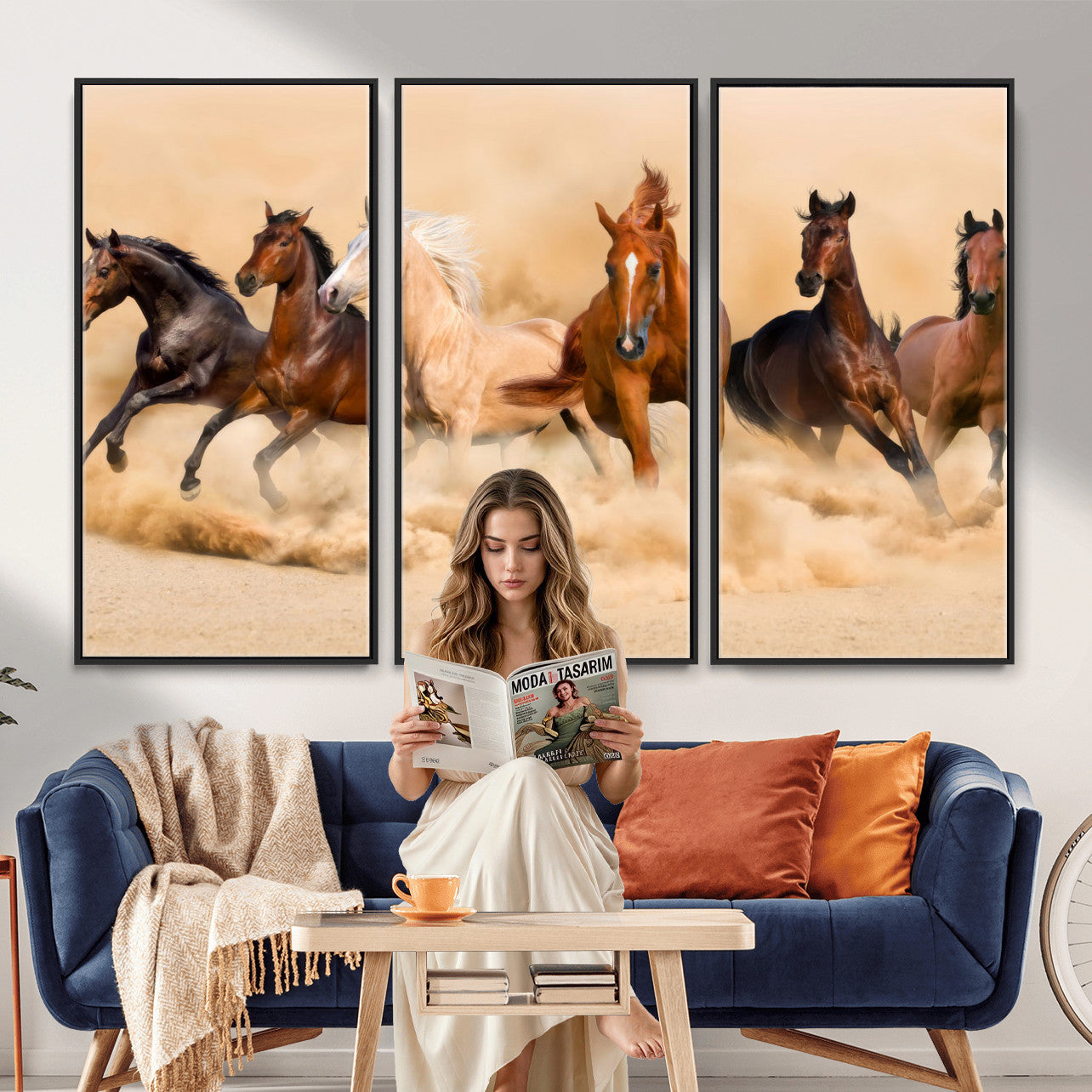 90610949-MGV-CV-36X24 - Herd of Six Wild Horses Galloping in Dust Storm Wall Art Canvas Print - Majestic Wildlife Decor