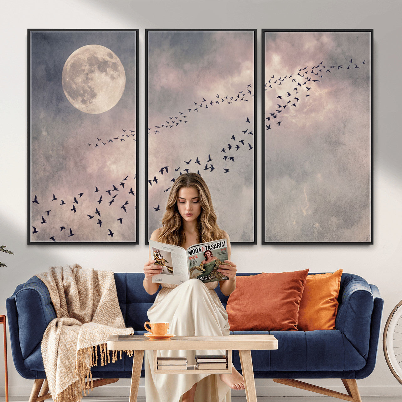 52339590-MGV-CV-36X24 - Birds Flying to Moon Wall Art Canvas Print - Vintage Surreal Night Sky Sky Print