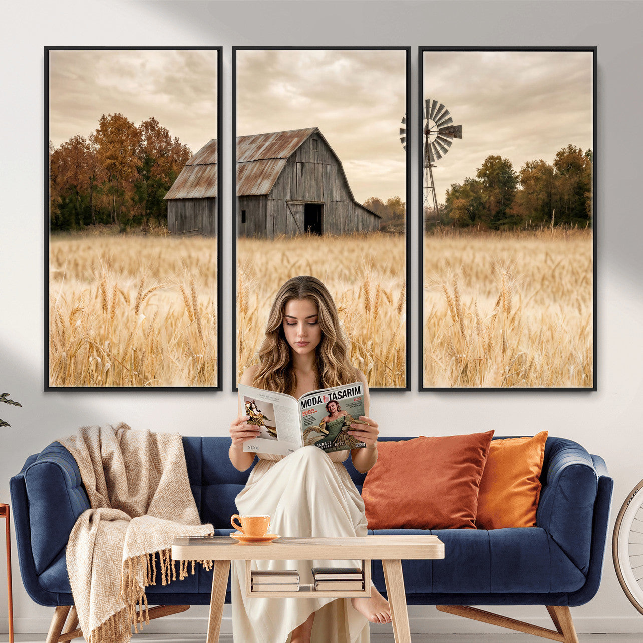 99640659-MGV-CV-36X24 - Rustic Farmhouse Barn and Windmill Wall Art Canvas Print, Country Landscape Photography Print