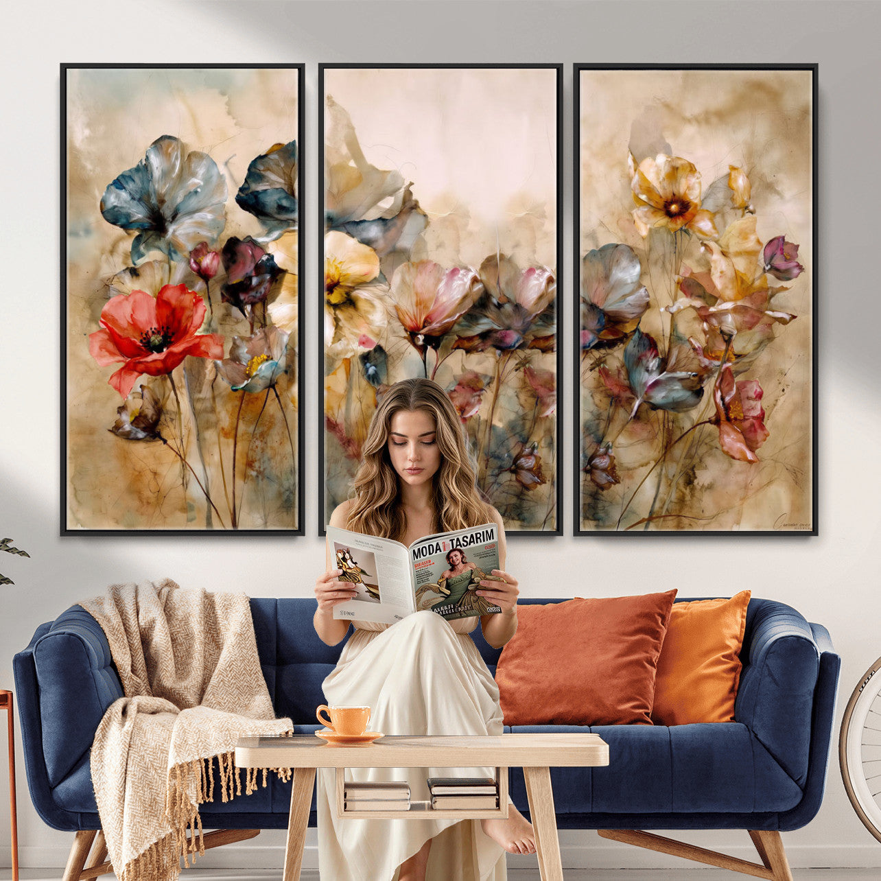11407233-MGV-CV-36X24 - Vintage Dried Floral Meadow Wall Art Canvas Print, Translucent Watercolor Flowers Painting Print