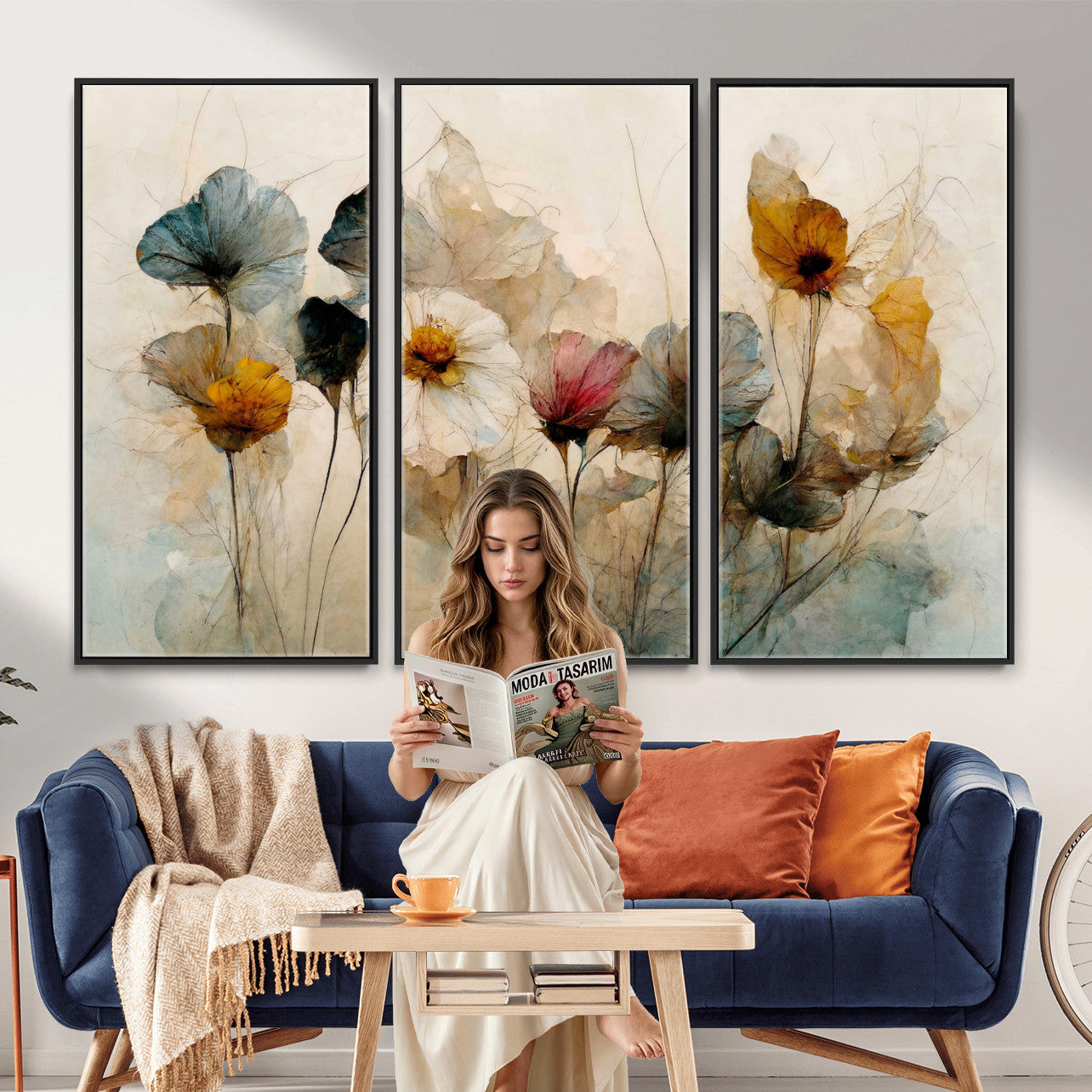 86802229-MGV-CV-36X24 - Vintage Dried Floral Meadow Wall Art Canvas Print, Translucent Watercolor Flowers Painting Print