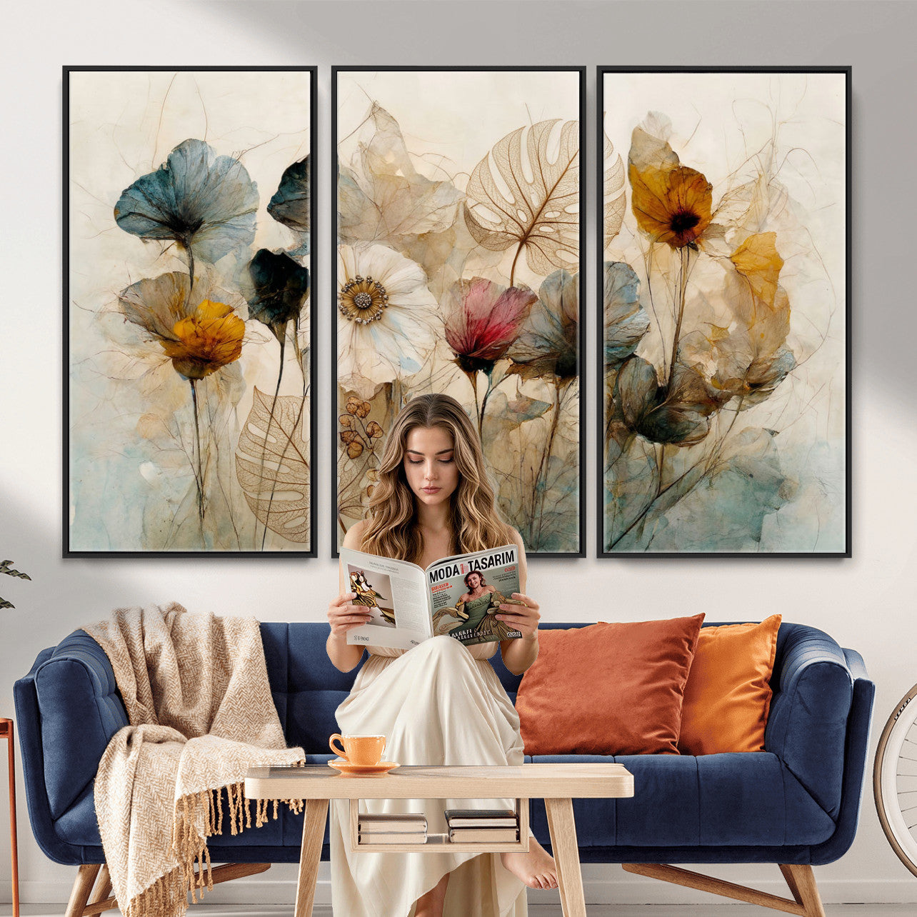 93171612-MGV-CV-36X24 - Vintage Dried Floral Meadow Wall Art Canvas Print, Translucent Watercolor Flowers Painting Print
