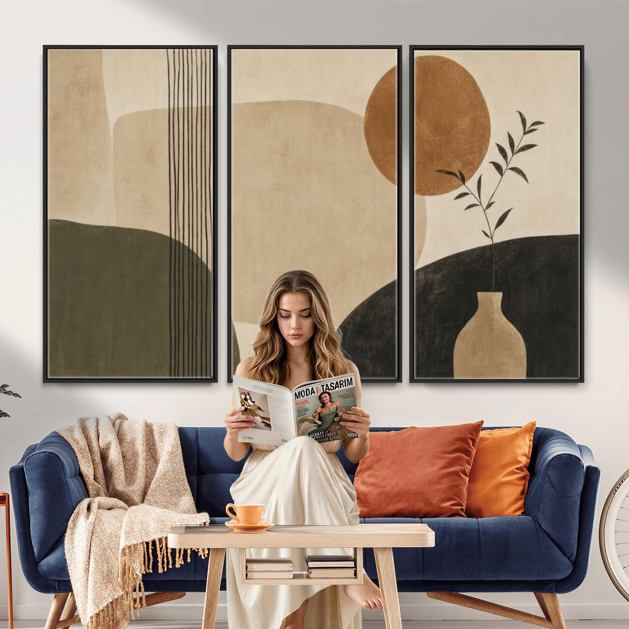 29113684-MGV-CV-36X24 - Japandi Minimalist Abstract Wall Art Canvas Print, Sage Green and Terracotta Sun Botanical Painting Print