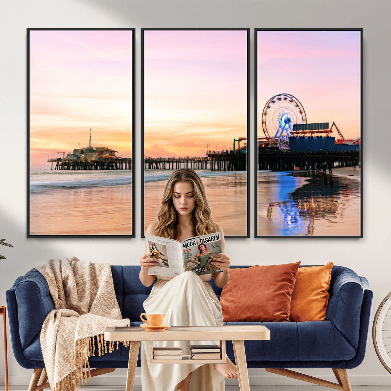 27381272-MGV-CV-36X24 - Santa Monica Pier Sunset Beach Wall Art Canvas Print, California Ferris Wheel Photo Print